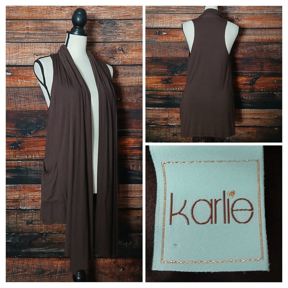 Karlie Vest S Brown Shawl Collar Rayon Side Pockets Boho Cardigan Made in USA